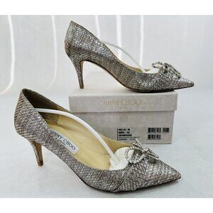 Jimmy Choo Veil 65 Metallic Woven Lame Fabric Chapagne Pointy Toe Pump 38 8 READ